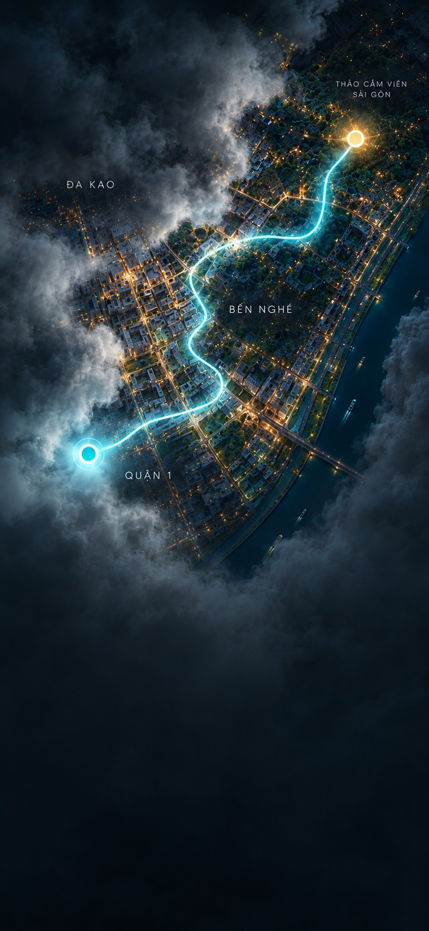 Fogborne concept artwork of a luminous exploration trail through Saigon